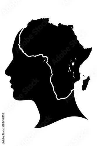 Silhouette of a woman's profile with Africa map on head