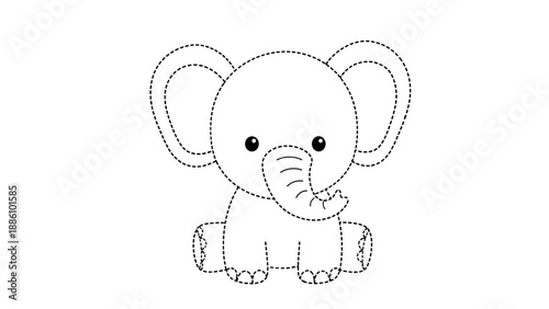 Cute cartoon elephant sitting with big ears and trunk curled up