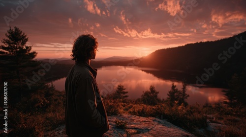 Serene Sunset View Over Lake with Silhouette of a Person