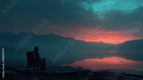 Serene Sunset Reflection Over Calm Lake with Silhouetted Figure
