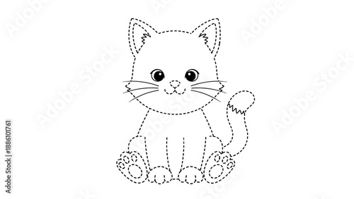 Cute cartoon cat with dotted lines for coloring book page