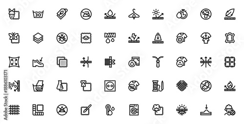 Fabric features icon set. Vector icons pack for textiles and materials. Includes alpaca, cotton, silk, leather, waterproof, breathable, wash care, recycle, and more. Editable stroke.