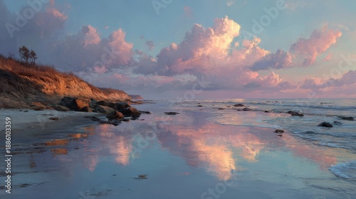 Serene Coastal Landscape with Reflections and Colorful Clouds