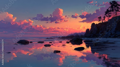 Serene Sunset Over Rocky Beach with Vibrant Pink and Purple Skies