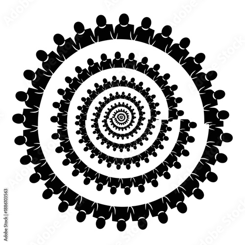 Spiral crowd formation silhouette of people in circular pattern
