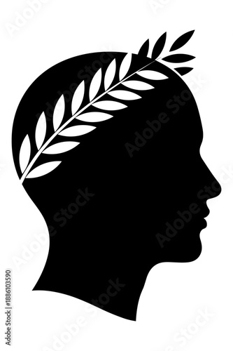 Black silhouette of human head with laurel wreath on side, male head with victory symbol