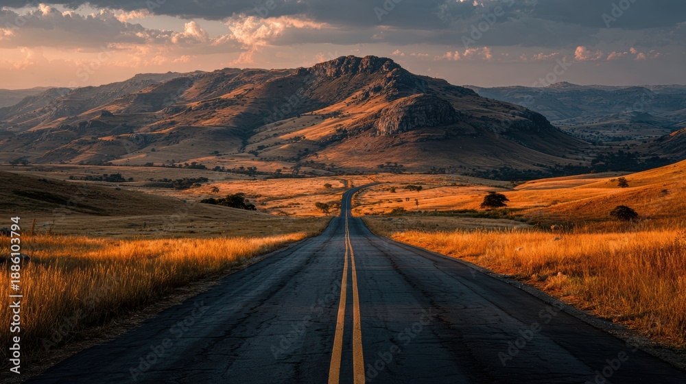 Fototapeta premium Serene Open Road Through Golden Fields Under Dramatic Sky
