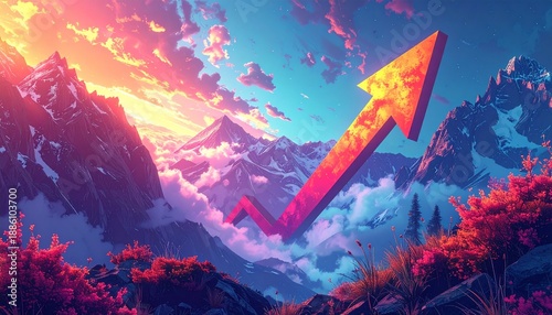 Vibrant Digital Growth Arrow Soaring Above Majestic Mountains at Sunset