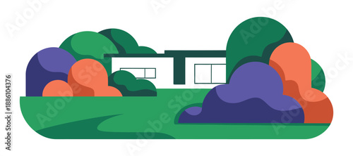 Modern suburban house sits nestled between abstract, colorful trees.