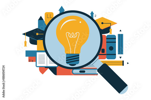 Magnifying glass reveals a glowing lightbulb over educational items.