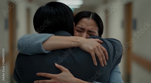 Heartbroken woman crying and hugging man in hospital corridor, emotional support