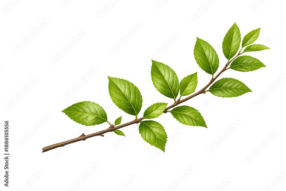 Fototapeta premium Green leaves on a branching stem isolated on a transparent background, symbolizing new growth, ecology, and spring season
