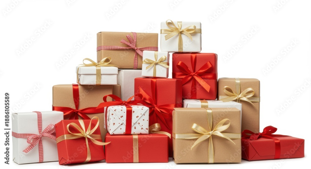 Fototapeta premium A large pile of beautifully wrapped gift boxes in various sizes and colors