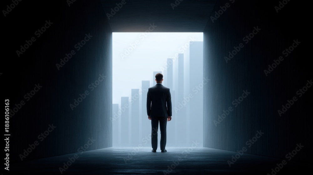 Fototapeta premium Man in Suit Stands in Dark Tunnel Gazing at Bright Exit with Bar Graphs Representing Growth and Success in a Business Environment