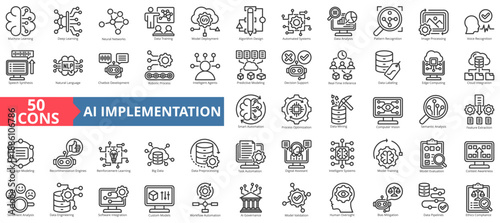 ai implementation icon set outline style illustration. containing ai governance, algorithm design, analysis, automated system, bias mitigation, big data, chatbot development, cloud integration