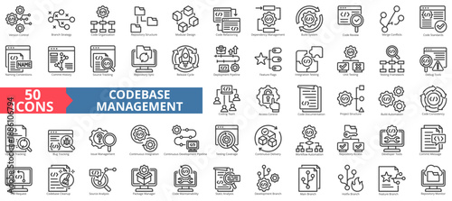 codebase management icon set outline style illustration. containing naming convention, version control, branch strategy, repository structure, modular design, dependency, release management