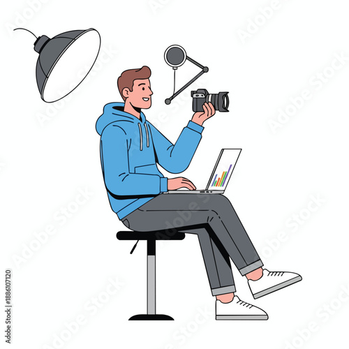 Young man editing photos on laptop in studio