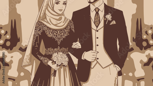 Bride and Groom in Wedding Attire.