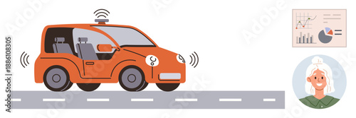 Smart transportation, autonomous driving, technology innovation, data analysis, AI integration, user-friendly design. Orange self-driving car with sensors, chart and female avatar. Smart