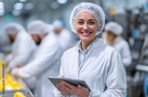 Female food production worker in a white coat and hairnet holding a tablet in a busy manufacturing kitchen