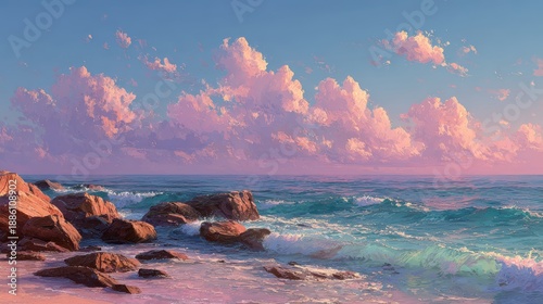 Serene Coastal Scene with Gentle Waves and Colorful Clouds at Sunset
