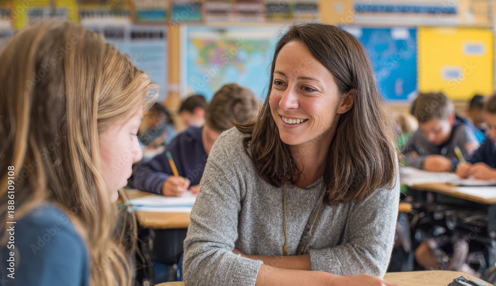 Obraz premium Female teacher engaging in a friendly conversation with a young female student in a classroom setting with other students studying and writing in the background
