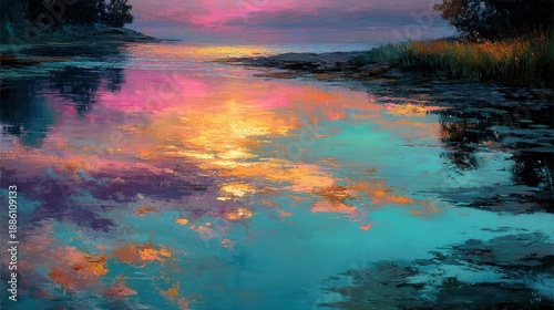 Serene Sunset Reflections on Tranquil Water at Dusk