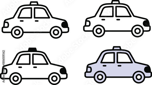 Four Black and White Line Taxis with One Shaded in Gray Vehicle Transportation