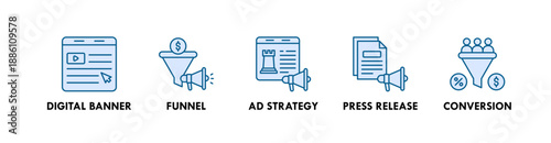 Ad Campaign banner web icon illustration concept with icon of digital banner, funnel, ad strategy, press release, and conversion