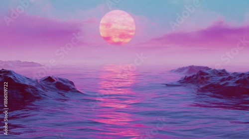 Serene Ocean Landscape with Vibrant Pink Sun and Calming Waves