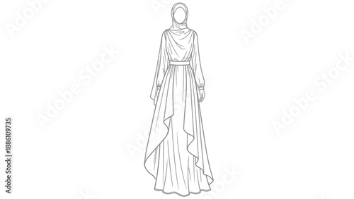 Woman Wearing Long Elegant Dress Sketch.