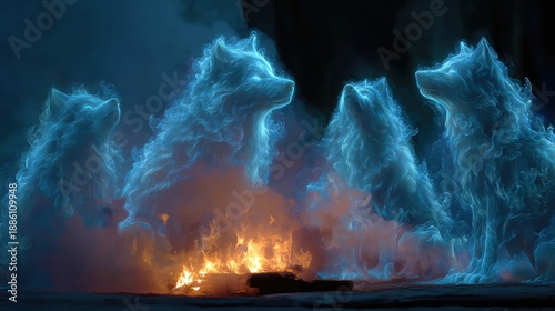 Mystical Ghostly Wolves Surrounding Fire in Ethereal Glow