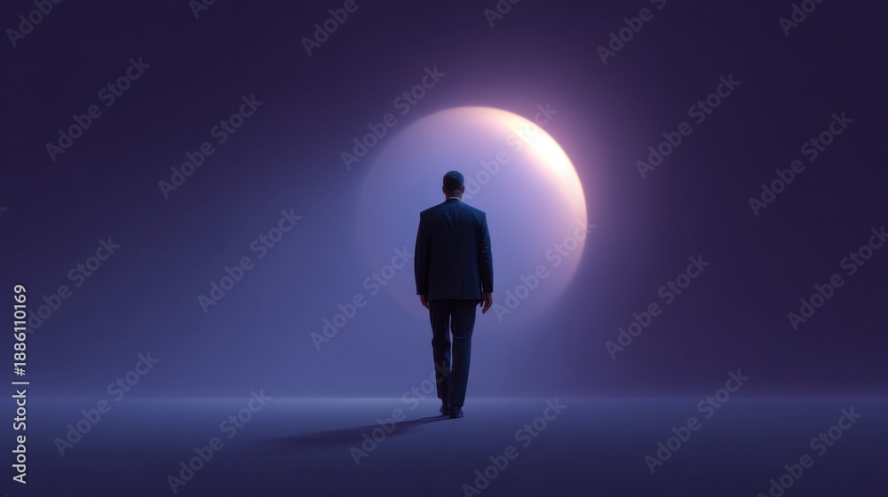 Obraz premium A solitary figure in a business suit walking towards a glowing orb in a surreal purple landscape, symbolizing hope, ambition, and new beginnings