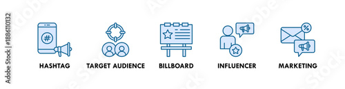Ad Campaign banner web icon illustration concept with icon of hashtag, target audience, billboard, influencer, and marketing