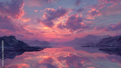 Serene Sunset Reflection Over Calm Water and Majestic Mountains