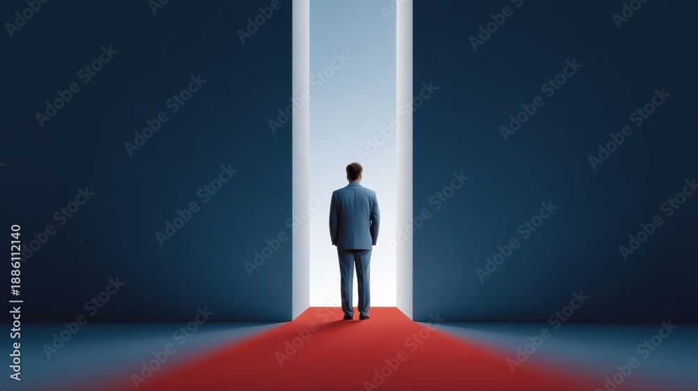Obraz premium Man in Suit Standing Before Open Doorway on Red Carpet in Minimalist Setting Symbolizing Opportunity, New Beginnings, and Future Possibilities