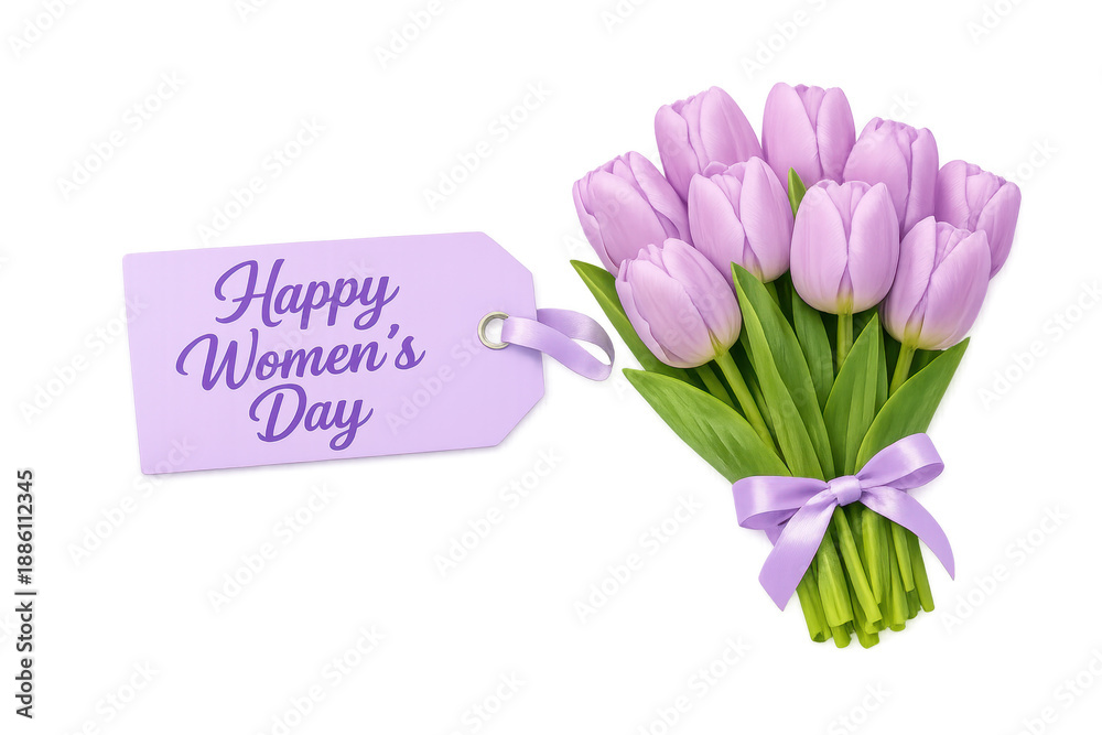 Obraz premium Happy women's day tag with purple tulip bouquet