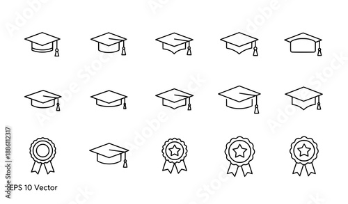Minimal graduation cap outline icon set for education and academic UI