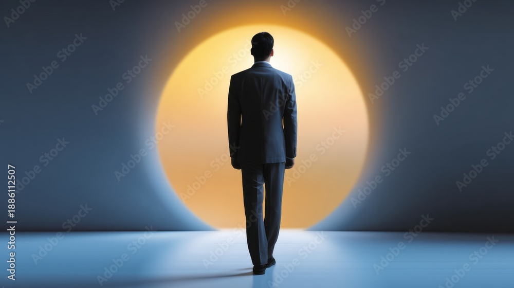 Obraz premium Thoughtful businessman stands in front of a large glowing sun, symbolizing hope, new opportunities, and the journey towards success and personal growth.
