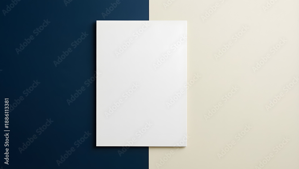 Fototapeta premium Minimal Vertical Poster Mockup on Split Blue and Beige Background With Copy Space