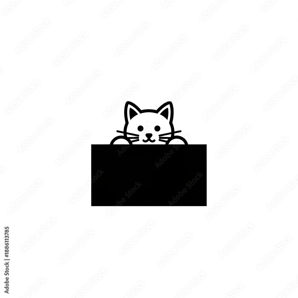Fototapeta premium Flat black and white icon of a cat hiding behind a box
