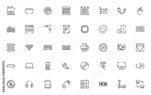 Computer and Hardware icon set. Vector tech symbols pack. Includes floppy disk, folder, CPU, keyboard, monitor, USB, wifi, printer, laptop and more. Editable stroke.