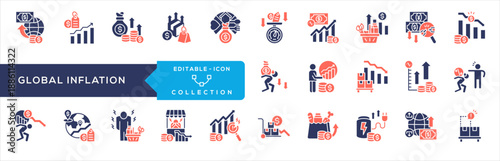 Global Inflation Glyph Color Icon Collection. Containing inflation economy, finance, prices, budget, market, global currency