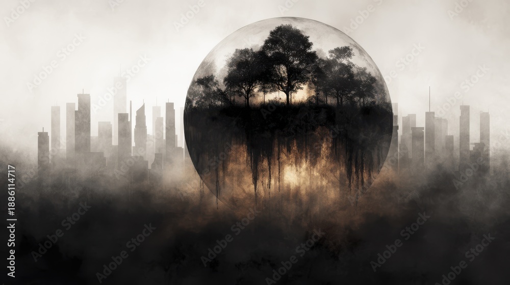 Fototapeta premium A minimalist dreamlike composition featuring a glass sphere that reflects a distant cityscape silhouetted against a misty atmospheric landscape
