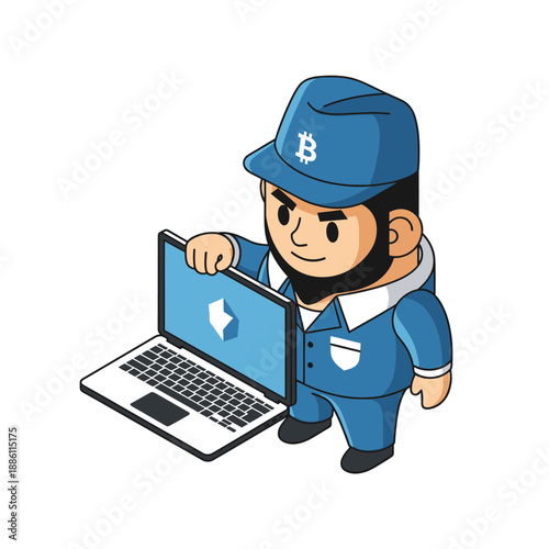 Cartoon man in blue uniform with Bitcoin hat holding laptop.