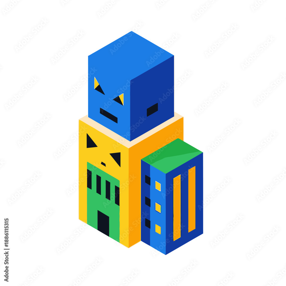 Obraz premium Isometric angry monster buildings in a stylized urban landscape.