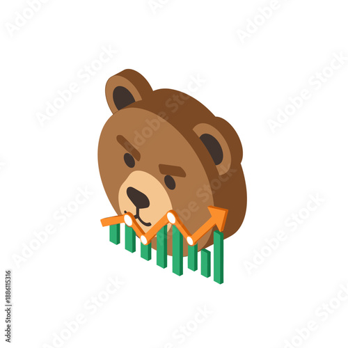 Isometric Bear Head with Upward Trending Stock Market Graph.