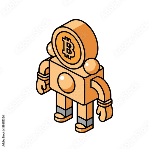 Isometric Bitcoin Robot Character Illustration.