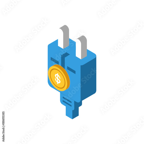 Isometric Power Plug with Dollar Coin Symbolizing Energy Cost and Financial Investment.