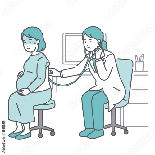 背中の聴診を受ける冷や汗をかいた妊婦と深刻な表情の白衣の女性医師のイラスト